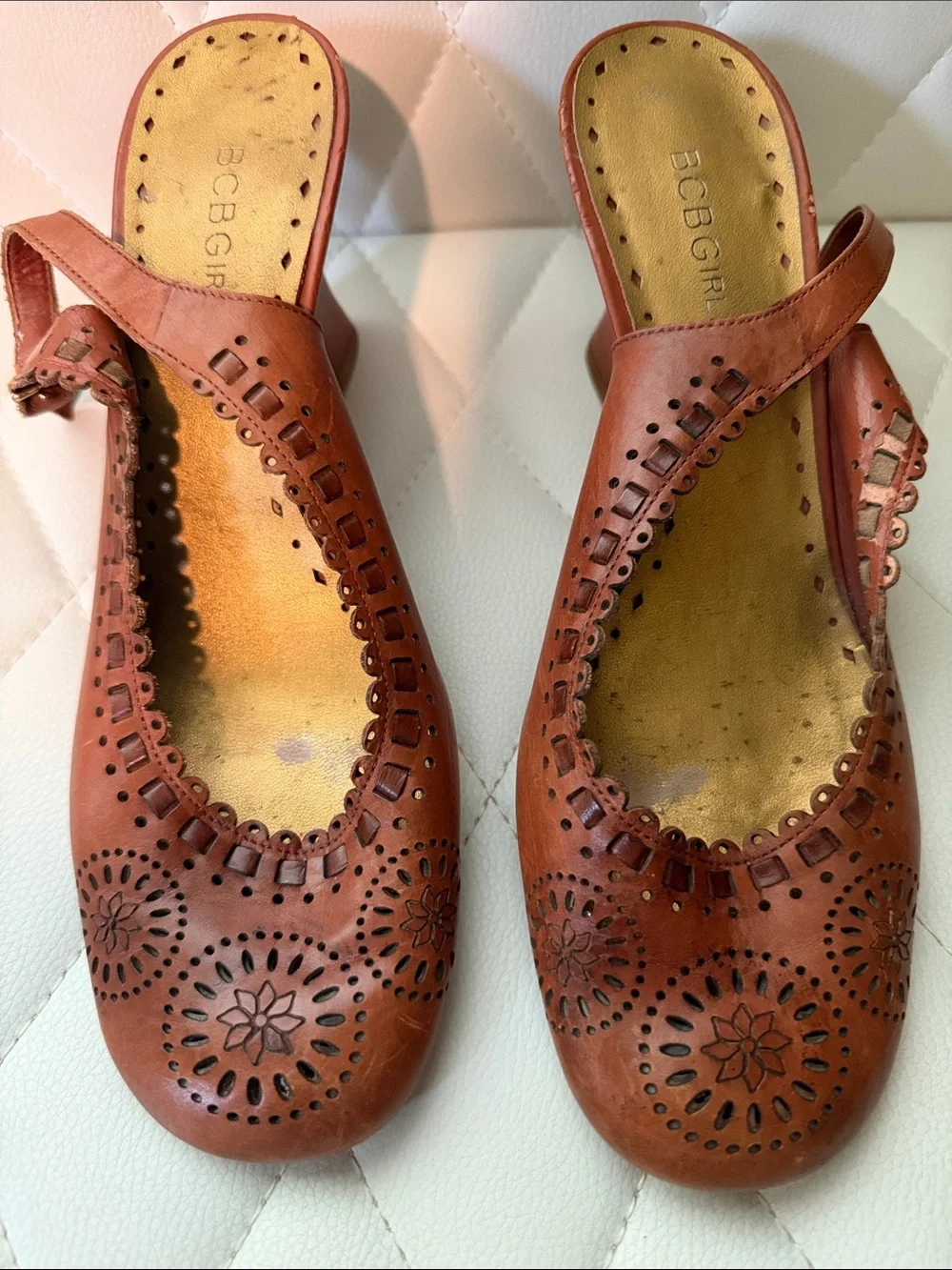 BCBGirls Brown Laser-Cut Leather Slingback Mules